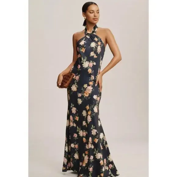 Anthropologie X Bhldn Ruby Twist Halter Satin Gown Navy Size 10 NWT - Picture 3 of 12